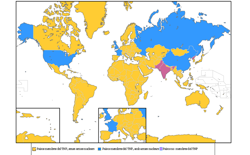 Mapa amb els països membres del TNP posseïdors d'armament nuclear